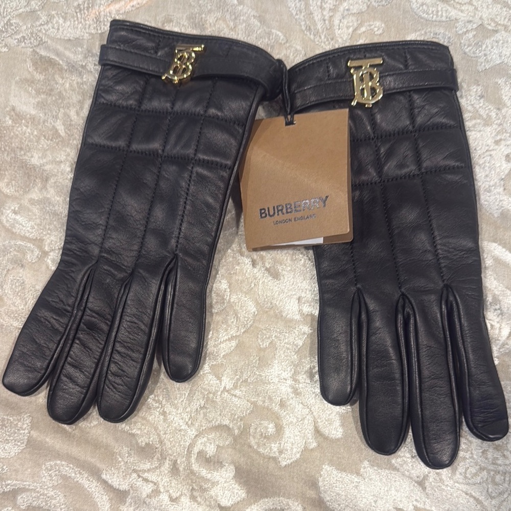 Burberry Black Leather Gloves with Gold Logo